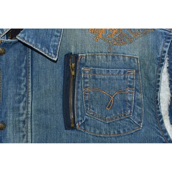 Indigo Red Denim Men's Vest Size 3XL Blue Sherpa Lined Embroidered Cotton Peace - Picture 4 of 16